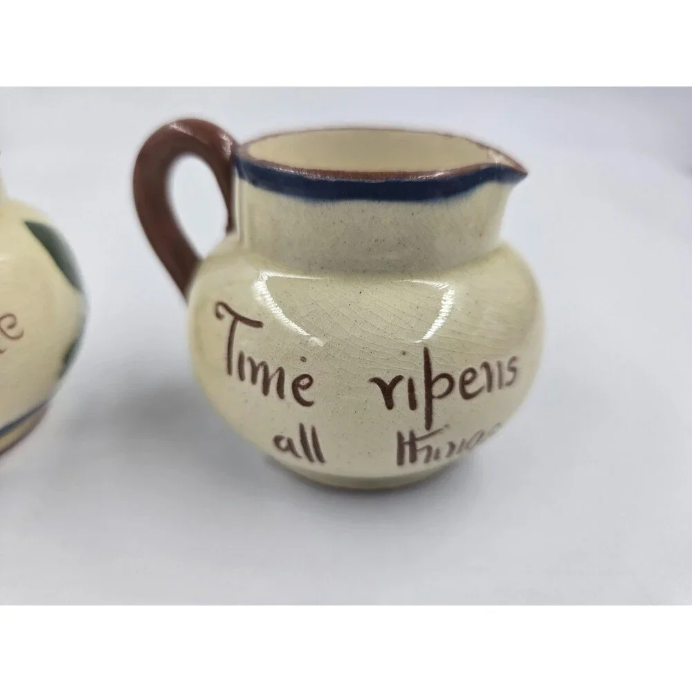 2 Vtg Devon Motto Ware Small Creamer Pitcher Time Ripens All Things Hand Painted